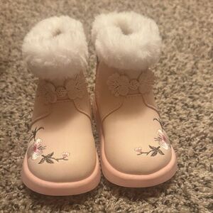 Floral Embroidered Boots with Faux Fur Trim